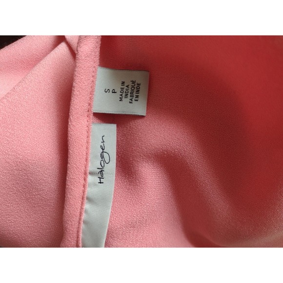 Women's Pink Blouse Ruffle Formal Crepe Short Sleeve Crewneck Button Back Size S - Picture 12 of 12